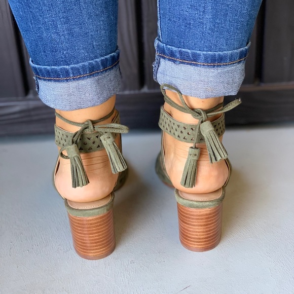 Olive Green Block Heel Ankle Tie Up Tassel Sandal - Picture 4 of 5